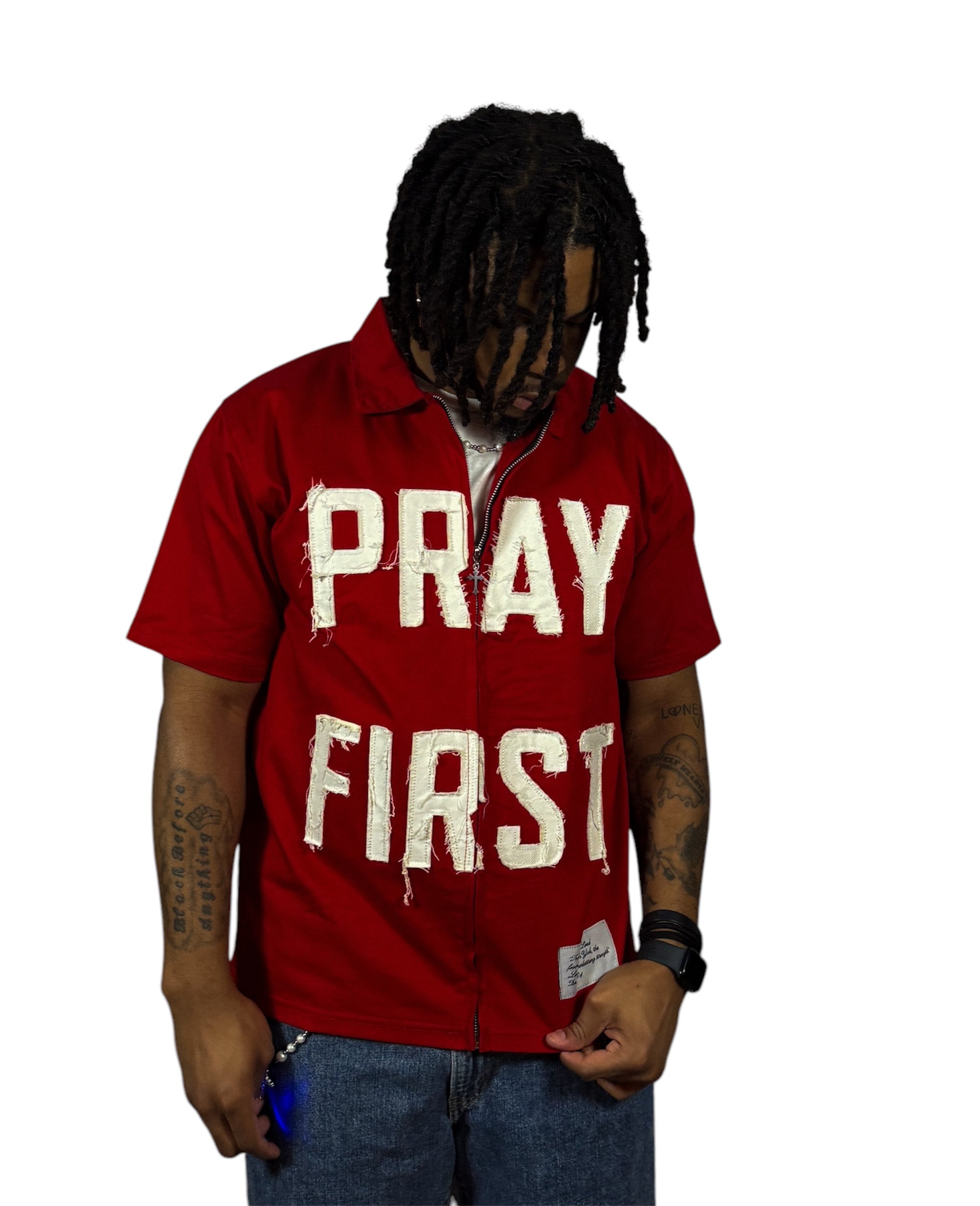 "Pray First” Zip-up Worker Tee